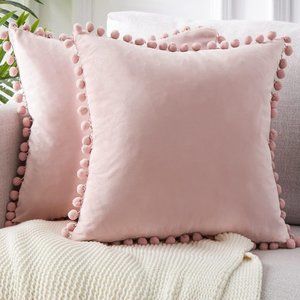 Set of 2 Petal Pink Soft Velvety Velour Pom Pom Blush Pillow Covers Pillows New